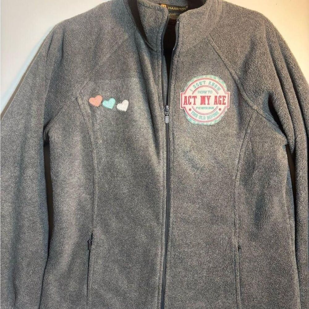 Harriton Gray Fleece Full-Zip Jacket Patch Slogan Women's Size L